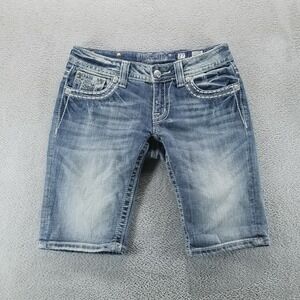 Miss Me Shorts Womens 27 Blue Bermuda 10" Flap Pockets Stretch Denim